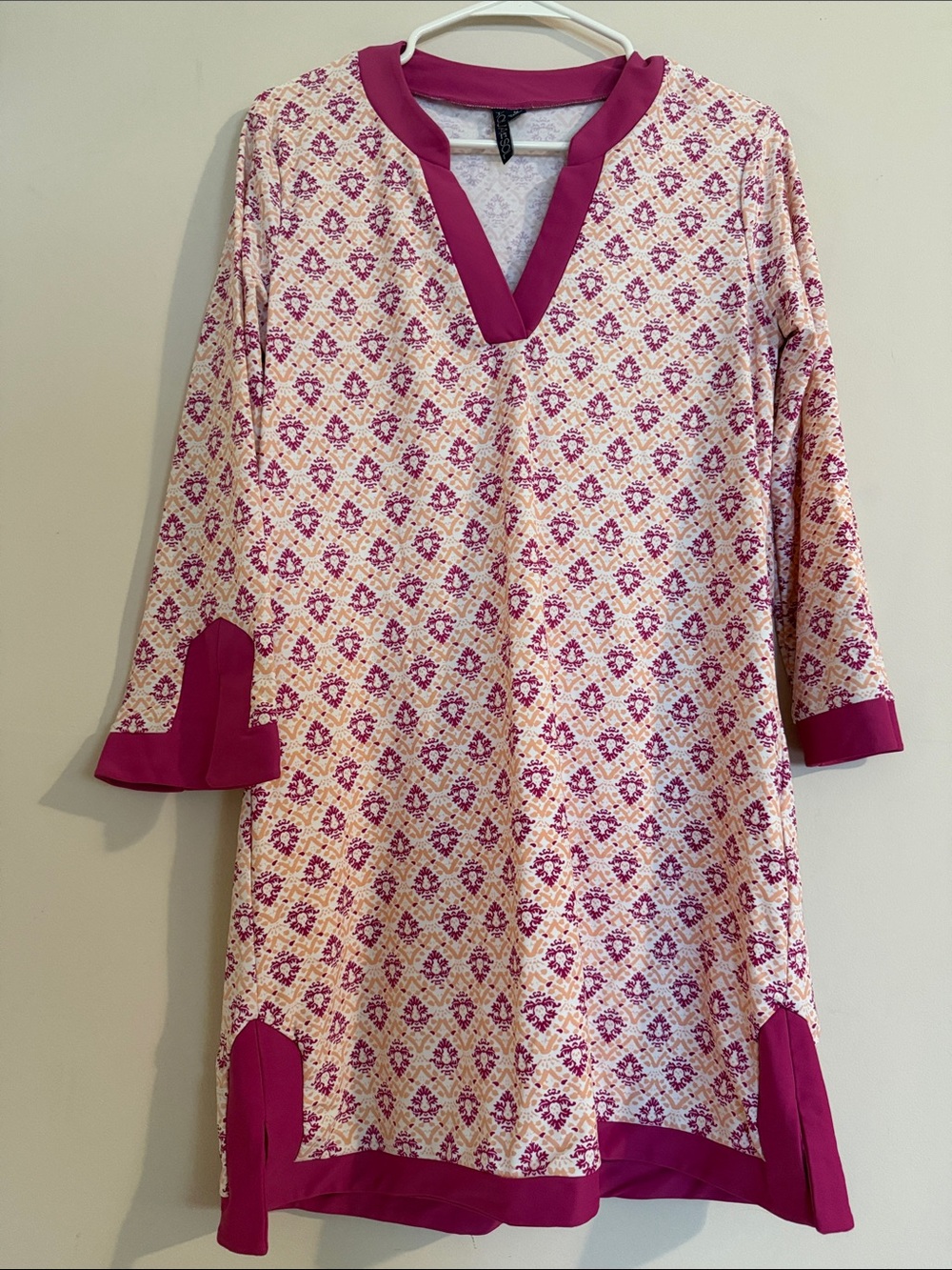 Fuchsia and Cream V-Neck Midi Dress with Patterned Print